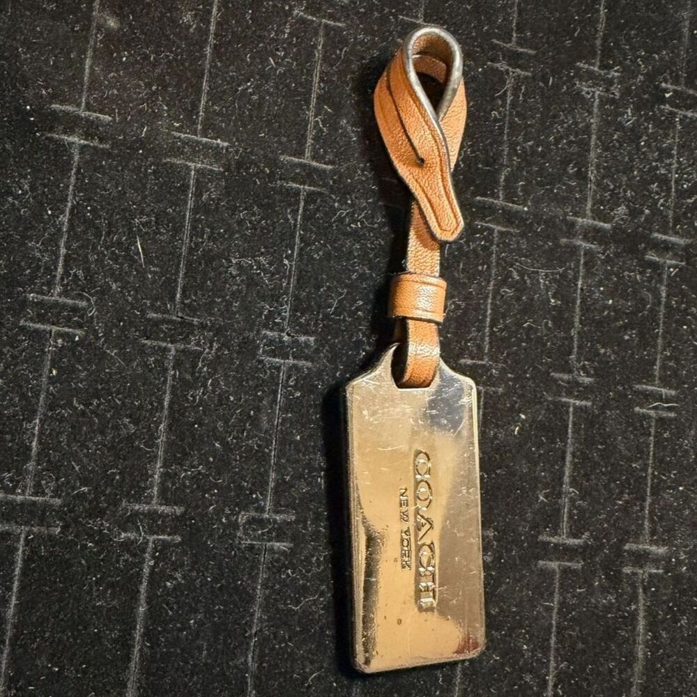 Coach New York Gold Metal Plate & Tan Leather Loop Hangtag EUC